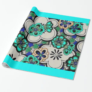 Groovy Retro 70s Abstract Flowers Teal Blue Wrapping Paper