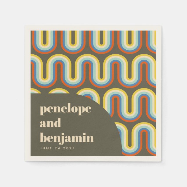 Groovy Retro 70s Art Olive Green Wedding Custom Napkins (Front)