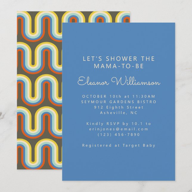 Groovy Retro 70s Blue Olive Green Baby Boy Shower  Invitation (Front/Back)