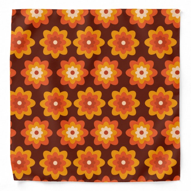 Groovy retro 70s boho hippie orange flower pattern bandana (Front)