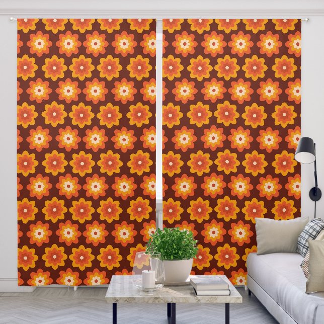 Groovy retro 70s boho hippie orange flower pattern blackout curtains (Living Room)