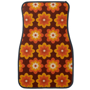 Groovy retro 70s boho hippie orange flower pattern car floor mat