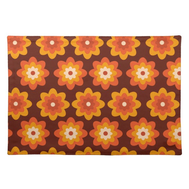 Groovy retro 70s boho hippie orange flower pattern cloth placemat (Front)