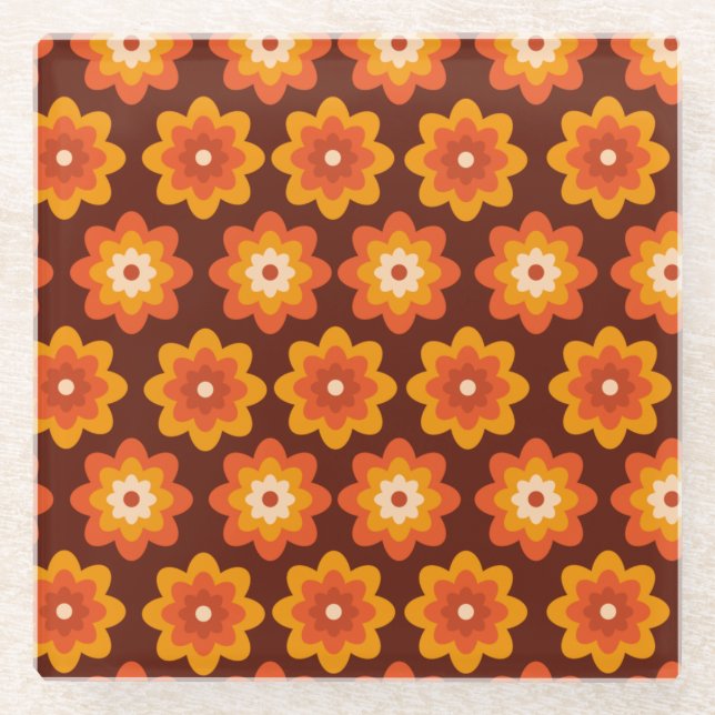 Groovy retro 70s boho hippie orange flower pattern glass coaster (Front)