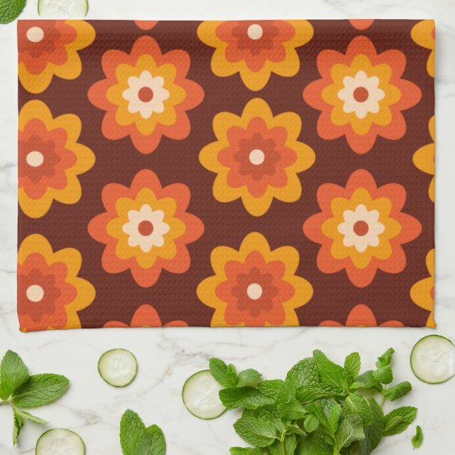 Groovy retro 70s boho hippie orange flower pattern kitchen towel (Folded)