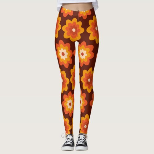 Groovy retro 70s boho hippie orange flower pattern leggings