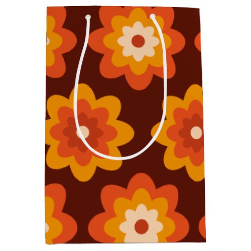 Groovy retro 70s boho hippie orange flower pattern medium gift bag
