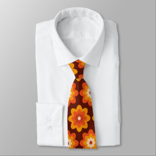Groovy retro 70s boho hippie orange flower pattern neck tie