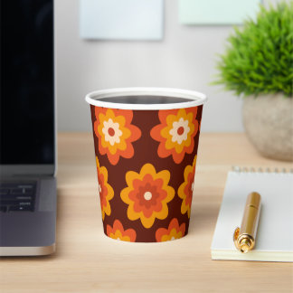 Groovy retro 70s boho hippie orange flower pattern paper cups