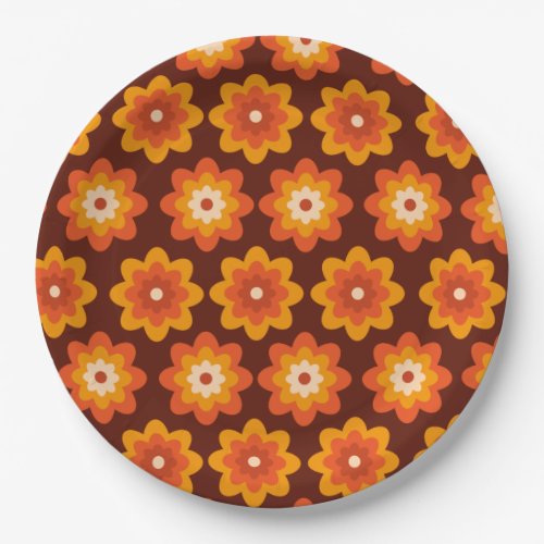 Groovy retro 70s boho hippie orange flower pattern paper plates