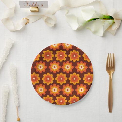 Groovy retro 70s boho hippie orange flower pattern paper plates