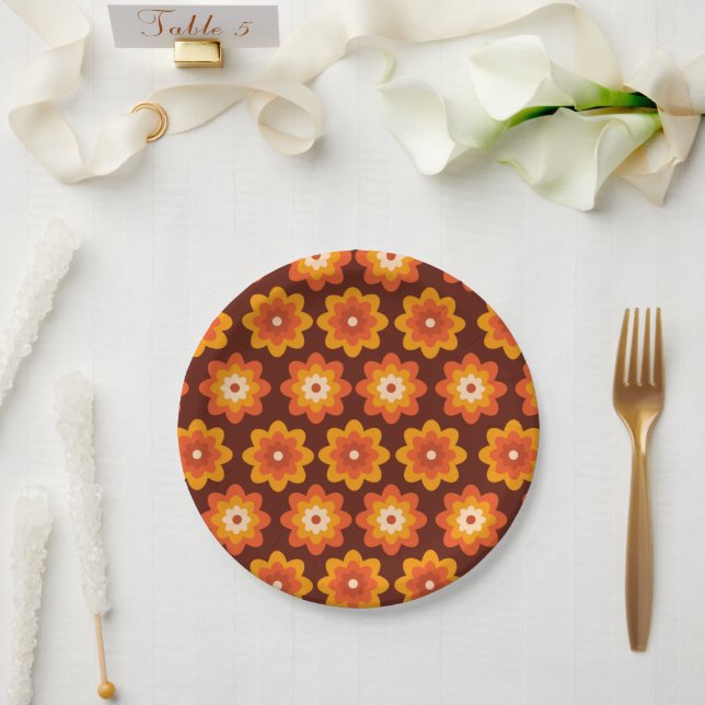 Groovy retro 70s boho hippie orange flower pattern paper plates (Wedding)