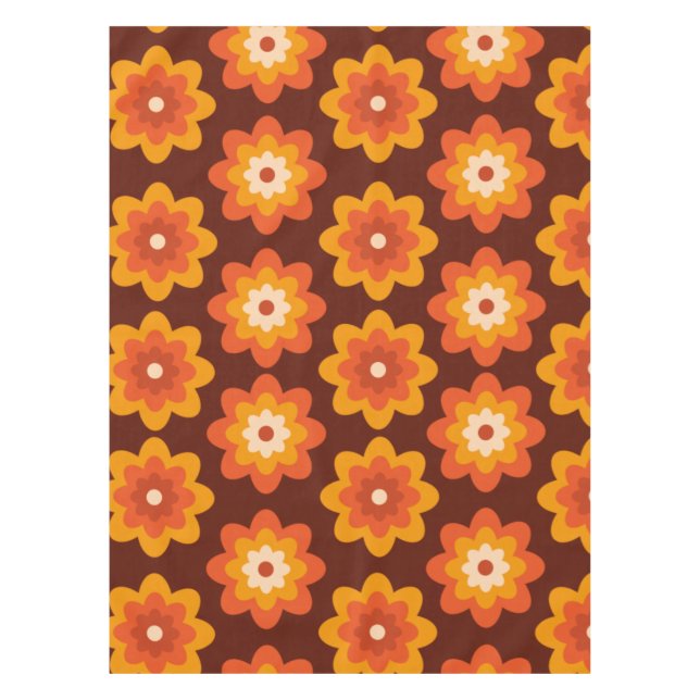 Groovy Retro 70s Boho Hippie Orange Flower pattern Tablecloth (Front)