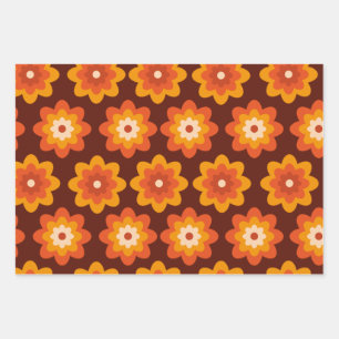 Groovy retro 70s boho hippie orange flower pattern wrapping paper sheets