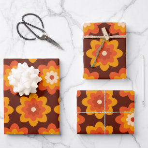 Groovy retro 70s boho hippie orange flower pattern wrapping paper sheets