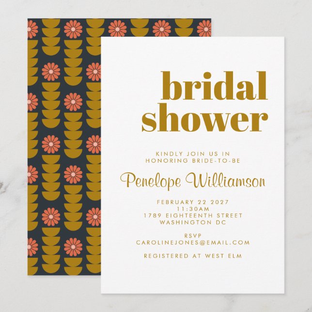 Groovy Retro 70s Botanical Blue Gold Bridal Shower Invitation (Front/Back)