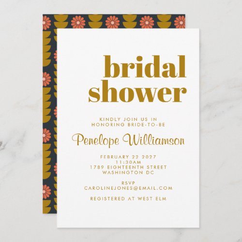 Groovy Retro 70s Botanical Blue Gold Bridal Shower Invitation