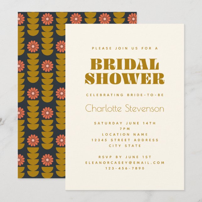 Groovy Retro 70s Botanical Gold Bridal Shower Invitation (Front/Back)