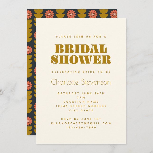 Groovy Retro 70s Botanical Gold Bridal Shower Invitation (Front/Back)