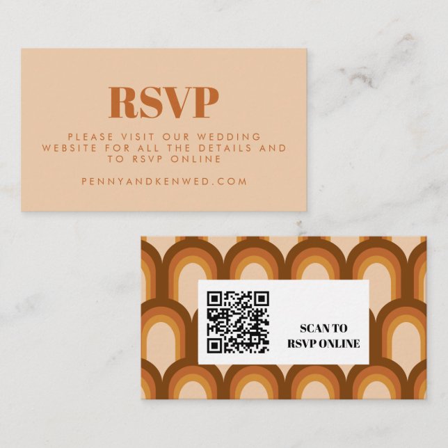 Groovy Retro 70s Brown Wedding Website QR Code Enclosure Card (Front/Back)