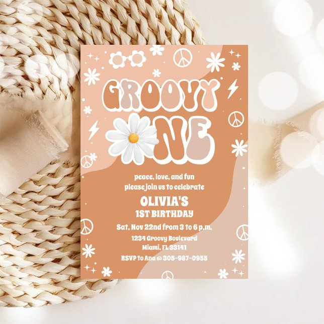 Groovy Retro 70s Daisy First Birthday Invitation (Creator Uploaded)