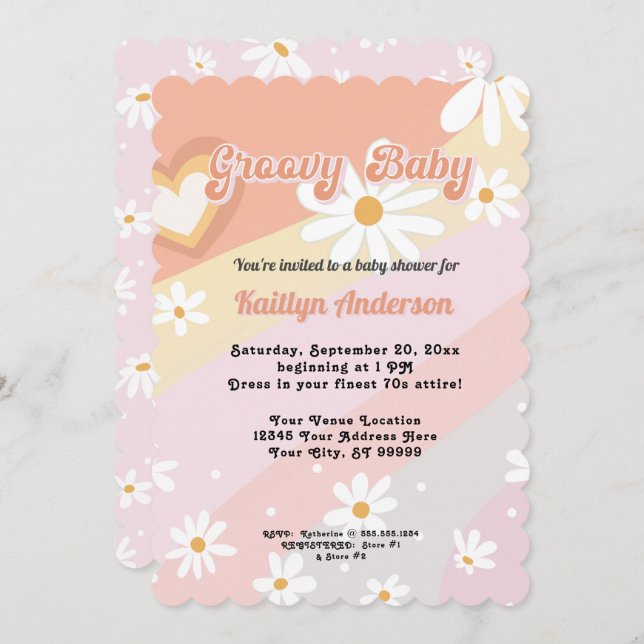 Groovy Retro 70s Daisy Peach Girl Baby Shower Invitation (Front/Back)