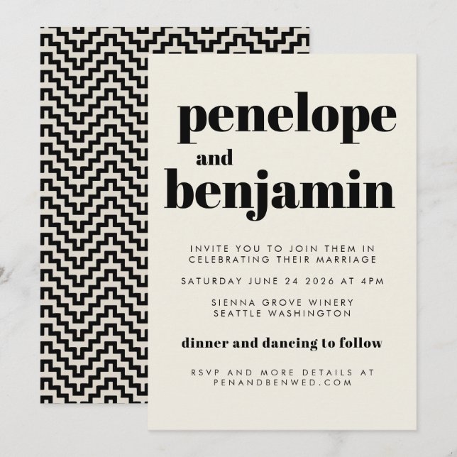Groovy Retro 70s Design Black All-in-One Wedding Invitation (Front/Back)