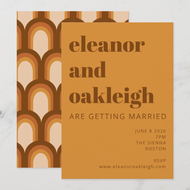 Groovy Retro 70s Design Bold Brown Yellow Wedding Invitation (Front/Back)