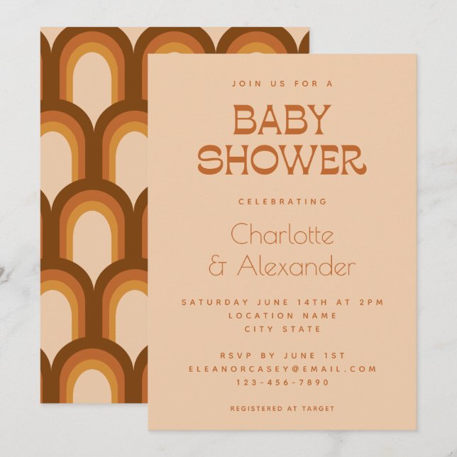 Groovy Retro 70s Design Brown Couples Baby Shower Invitation (Front/Back)