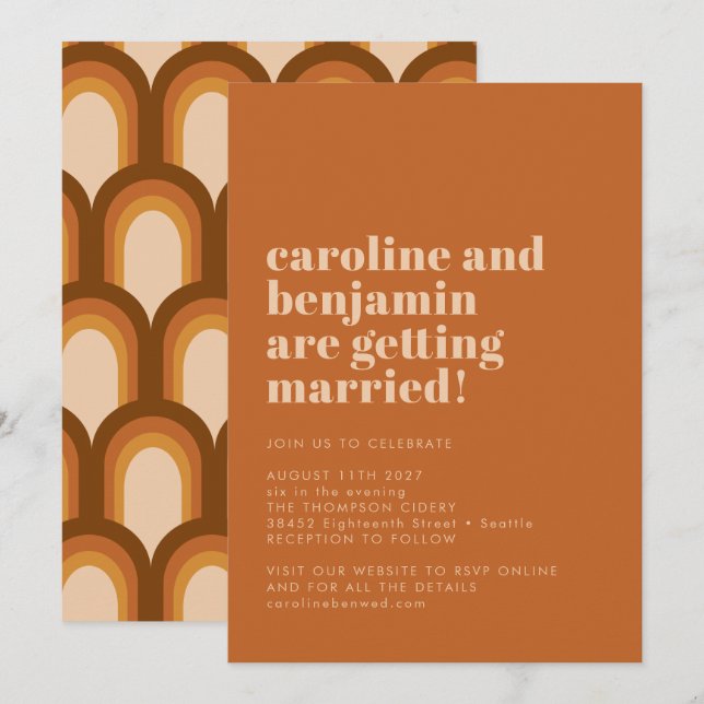 Groovy Retro 70s Design Fun Terracotta Wedding Invitation (Front/Back)