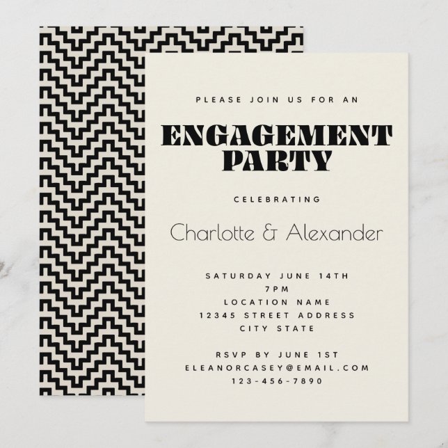 Groovy Retro 70s Design in Black Engagement Party  Invitation (Front/Back)