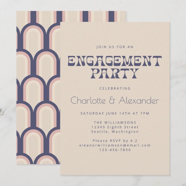 Groovy Retro 70s Design in Blue Engagement Party Invitation (Front/Back)