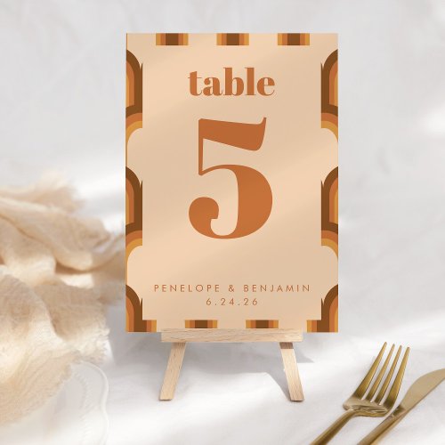 Groovy Retro 70s Design in Brown and Sand Wedding Table Number