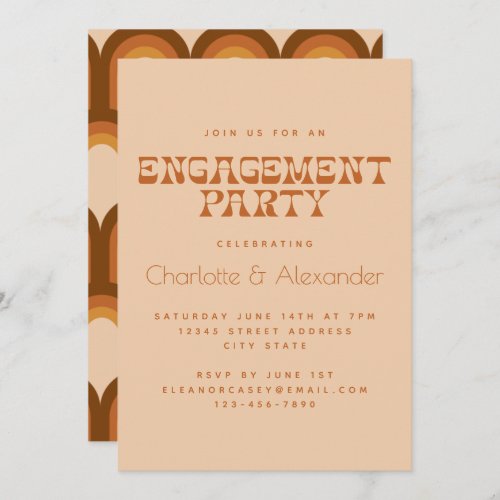 Groovy Retro 70s Design in Brown Engagement Party Invitation