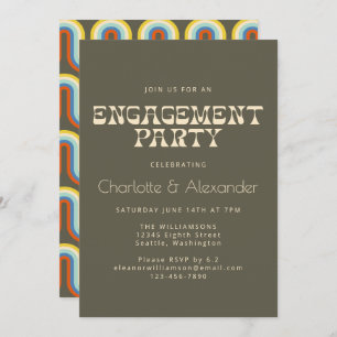 Groovy Retro 70s Design in Olive Engagement Party Invitation