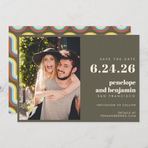 Groovy Retro 70s Design in Olive PHOTO Wedding Save The Date