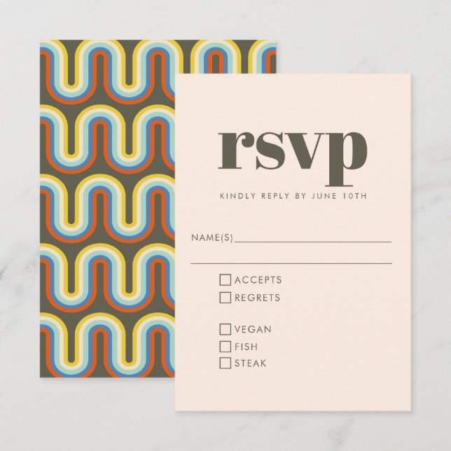 Groovy Retro 70s Design in Olive Wedding Meal RSVP Card (Front/Back)