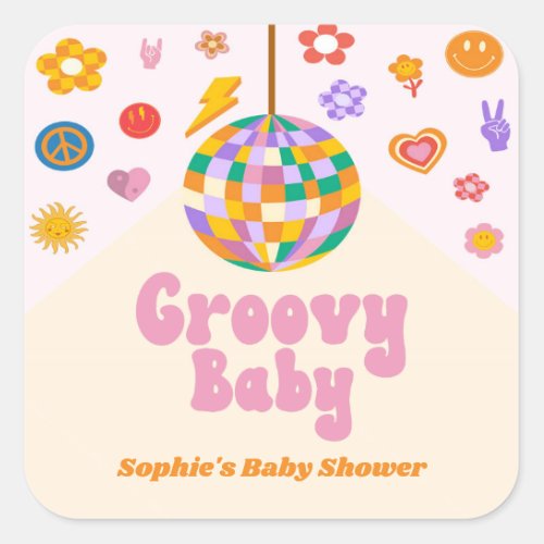 Groovy Retro 70s Disco Ball Baby Shower Favor Square Sticker