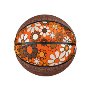 Groovy Retro 70s Floral Brown and Orange Pattern Mini Basketball