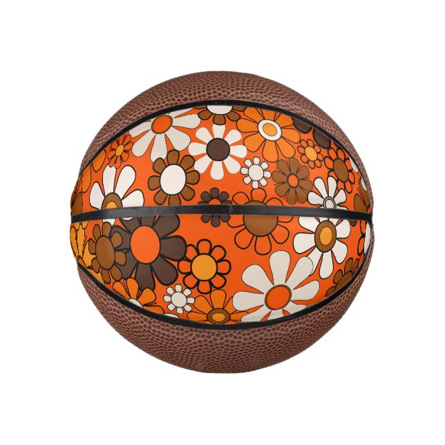 Groovy Retro 70s Floral Brown and Orange Pattern Mini Basketball (Front)