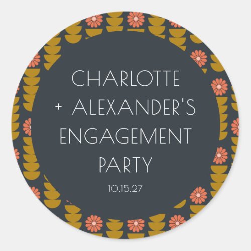 Groovy Retro 70s Floral Custom Engagement Party  Classic Round Sticker