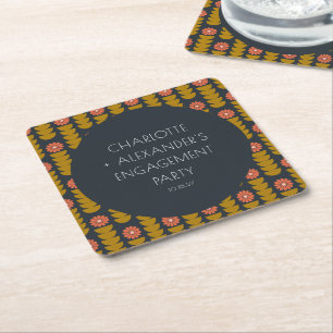 Groovy Retro 70s Floral Custom Engagement Party Square Paper Coaster
