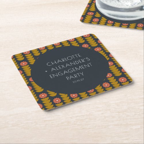 Groovy Retro 70s Floral Custom Engagement Party  Square Paper Coaster