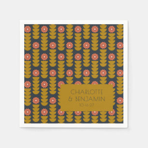 Groovy Retro 70s Floral Gold Blue Custom Wedding Napkins