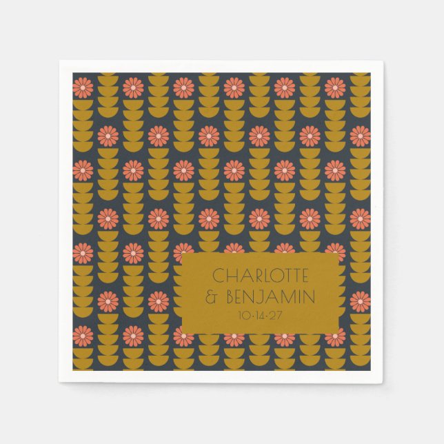 Groovy Retro 70s Floral Gold Blue Custom Wedding Napkins (Front)