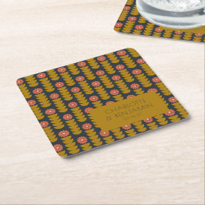 Groovy Retro 70s Floral Gold Blue Custom Wedding  Square Paper Coaster