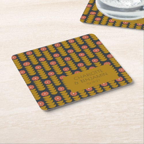 Groovy Retro 70s Floral Gold Blue Custom Wedding  Square Paper Coaster