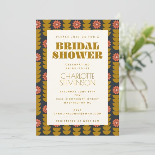 Groovy Retro 70s Floral Gold Bridal Shower Invitation