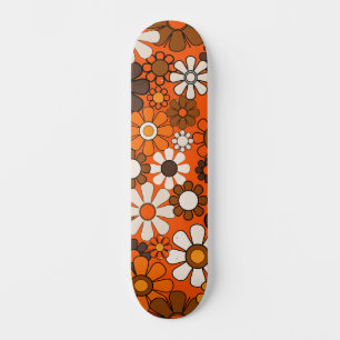 Groovy Retro 70s Floral Pattern Orange and Brown Skateboard