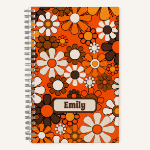 Groovy Retro 70s Floral Personalized Brown Orange Notebook